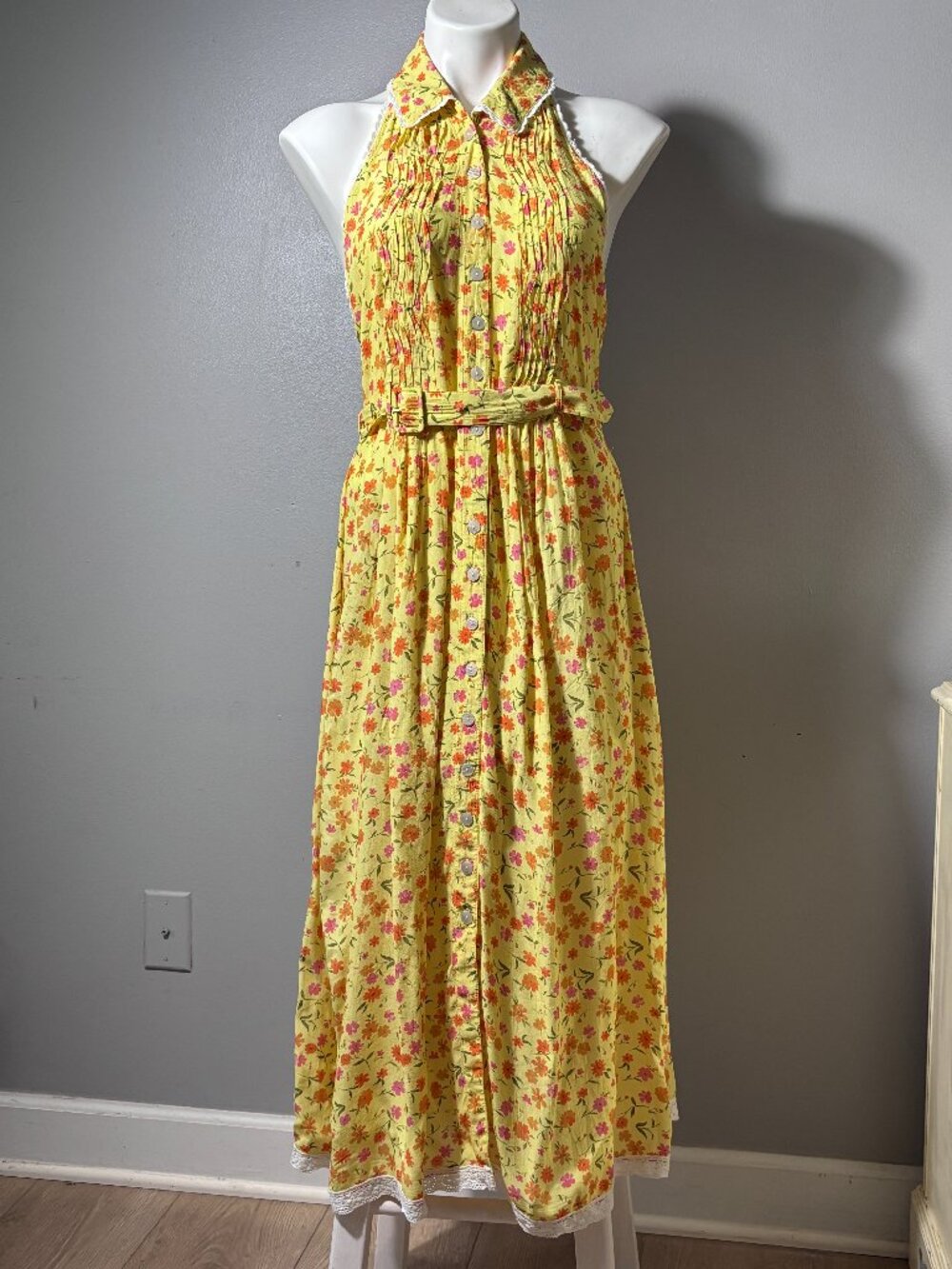 Free People Slice Of Life Midi Dress Summer Halter Belt Pockets Collar